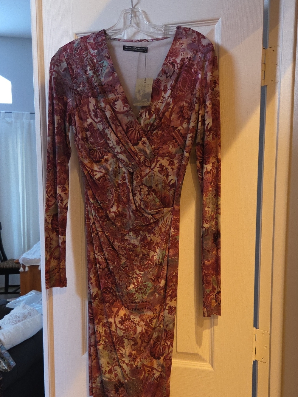 Peruvian Connection Burgundy Floral Long-Sleeve Wrap Dress